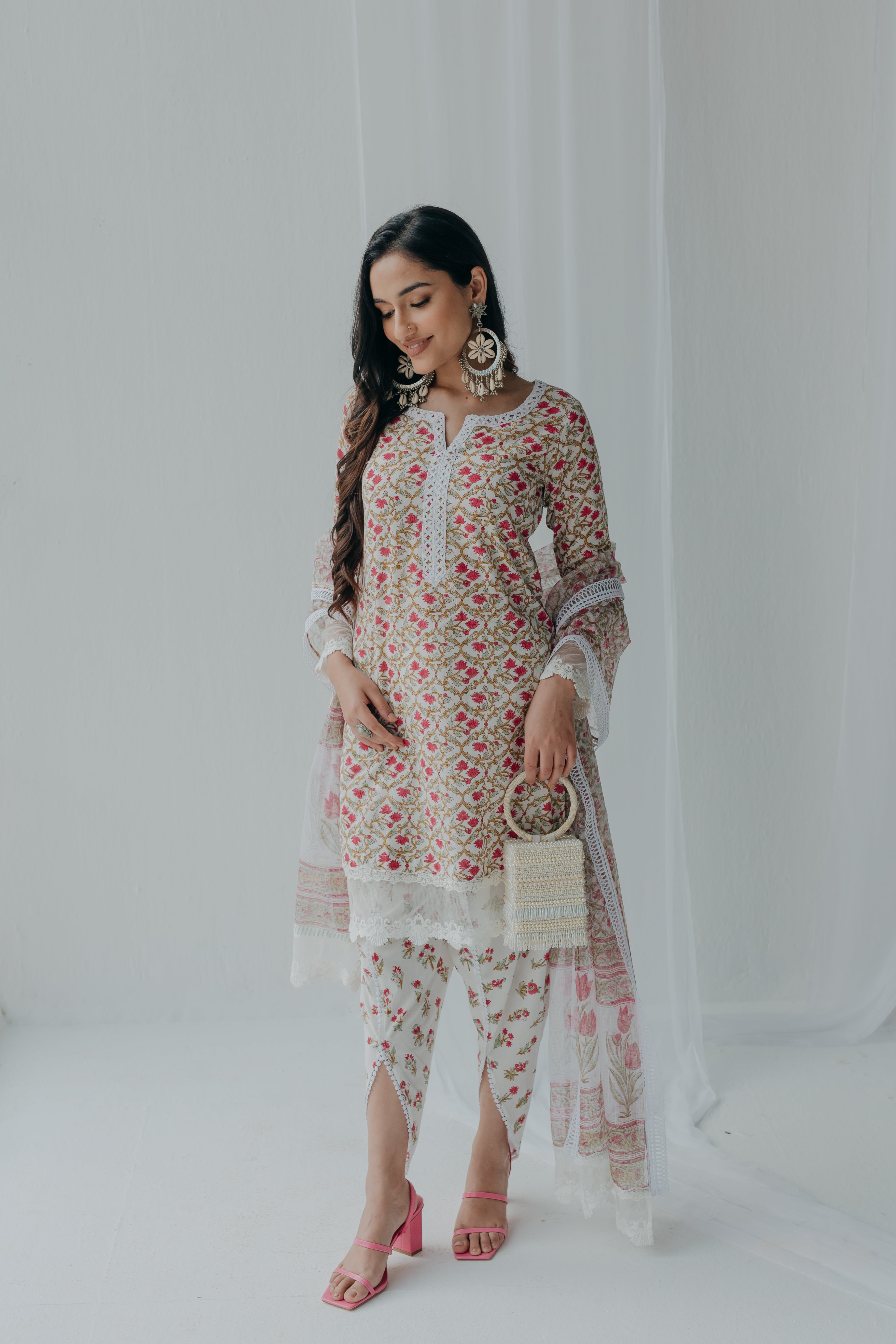 Luna Pink & White Printed Cotton Kurta