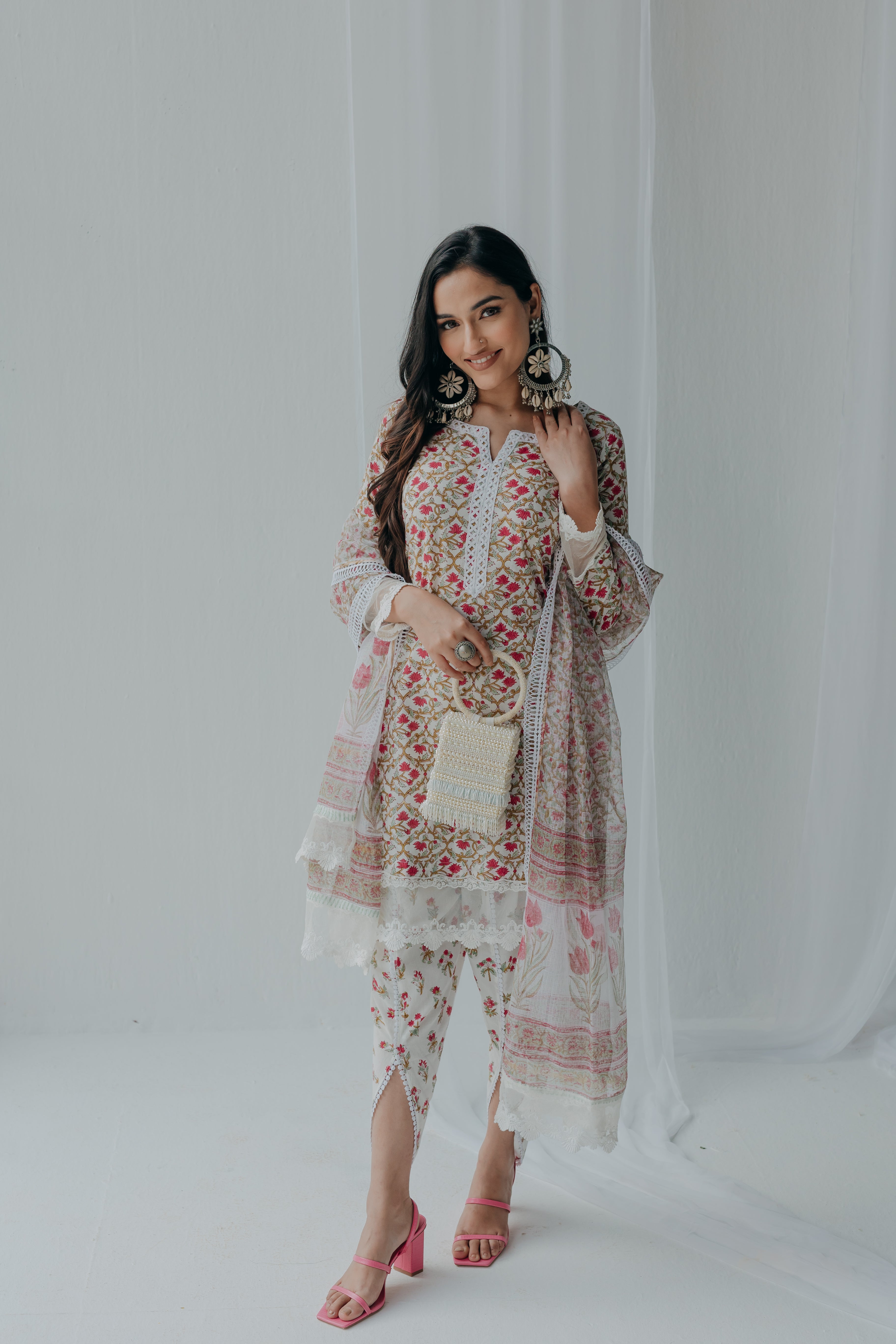 Luna Pink & White Printed Cotton Kurta