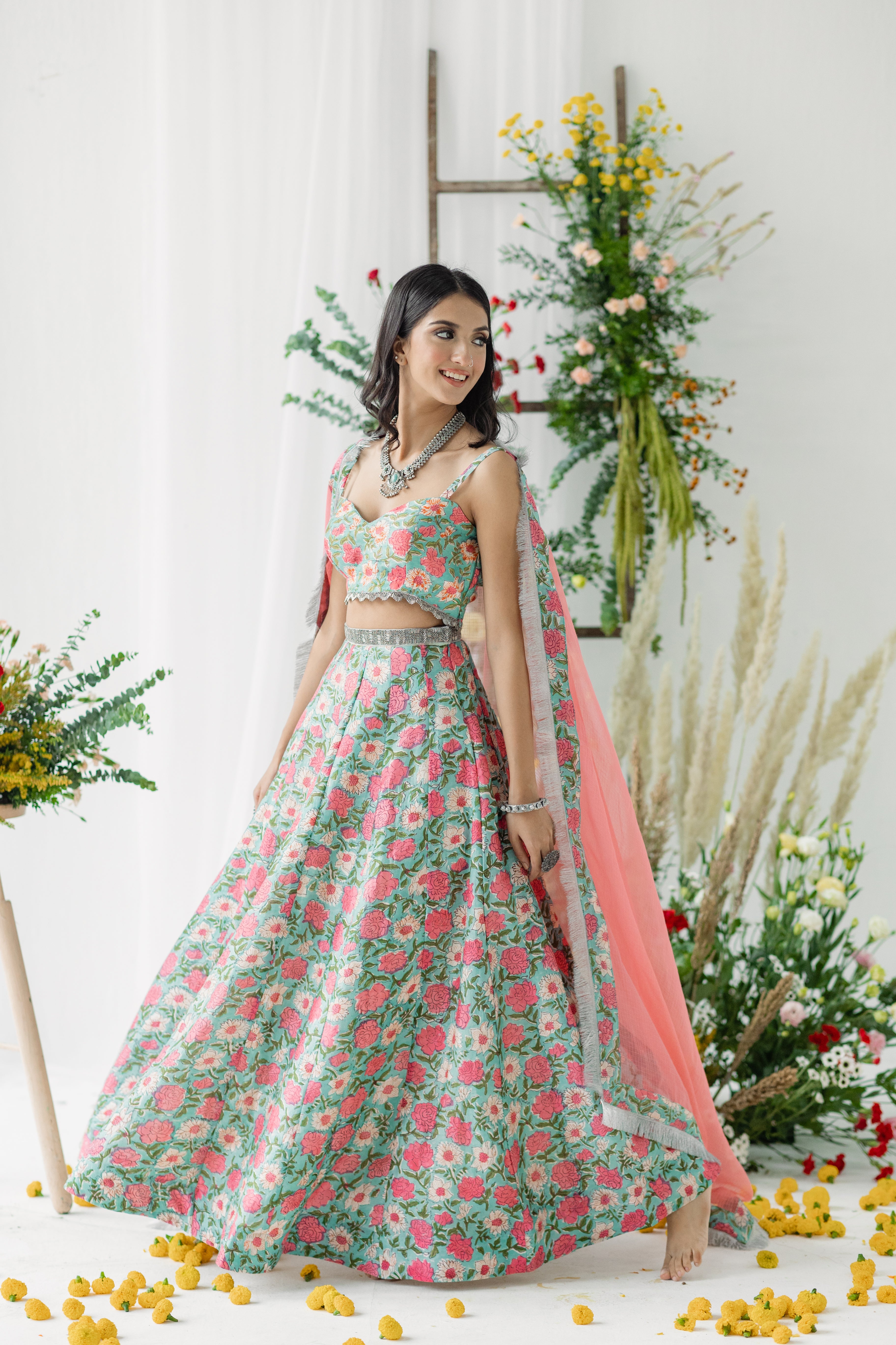 Harsingaar Blue & Pink Printed Chanderi Lehenga Set