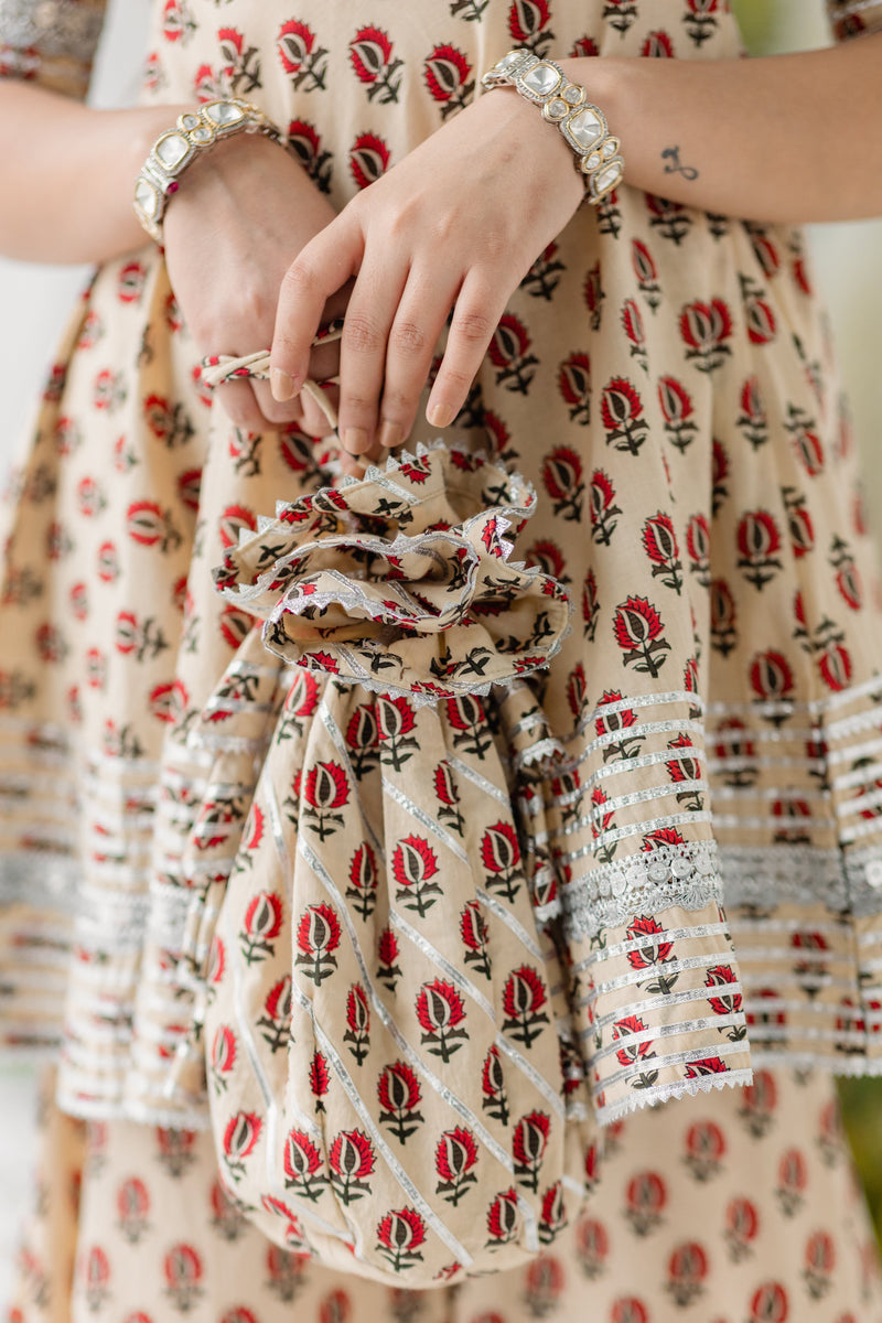 Daffodil Beige & Red Printed Cotton Kurti