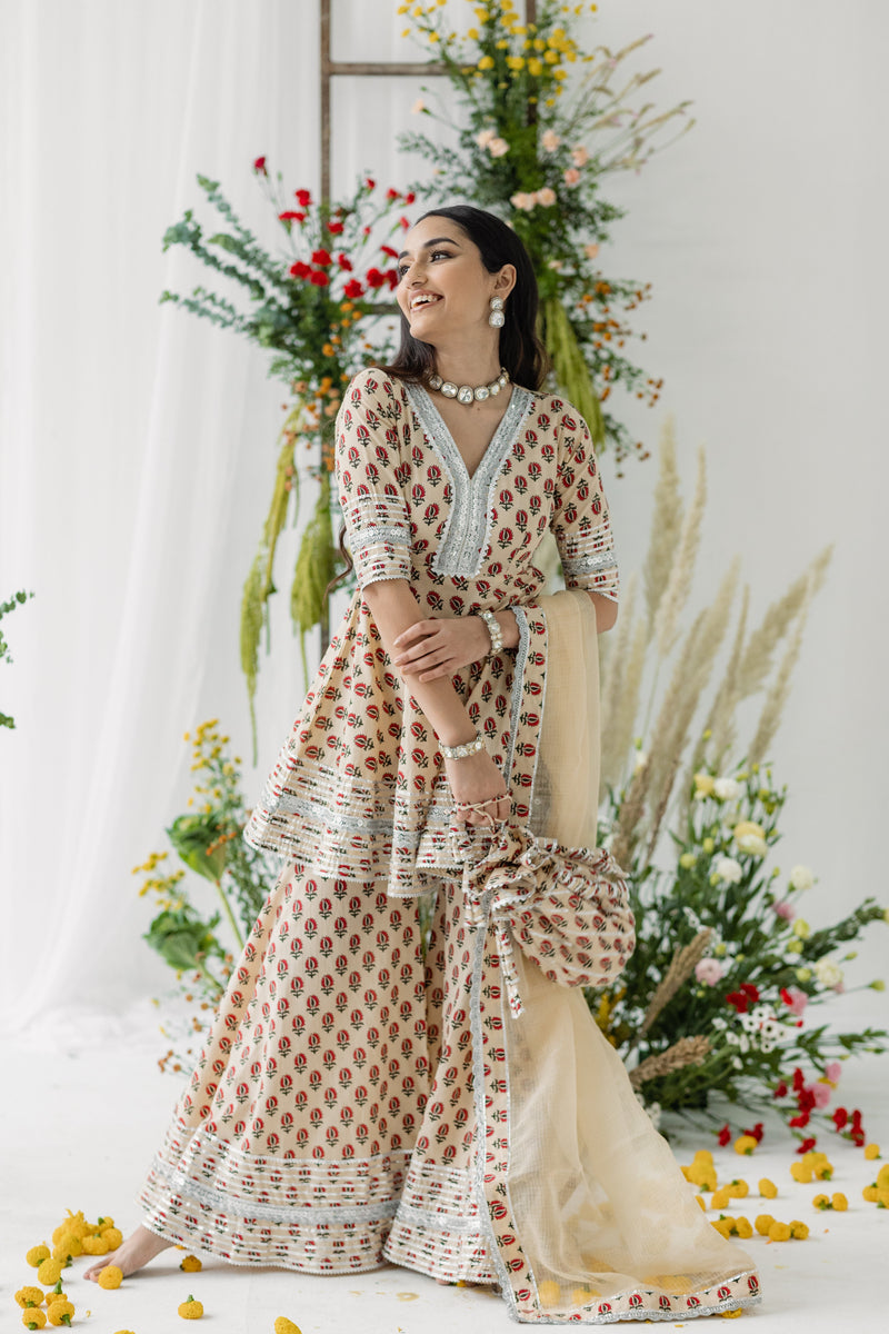 Daffodil Beige & Red Printed Cotton Kurti