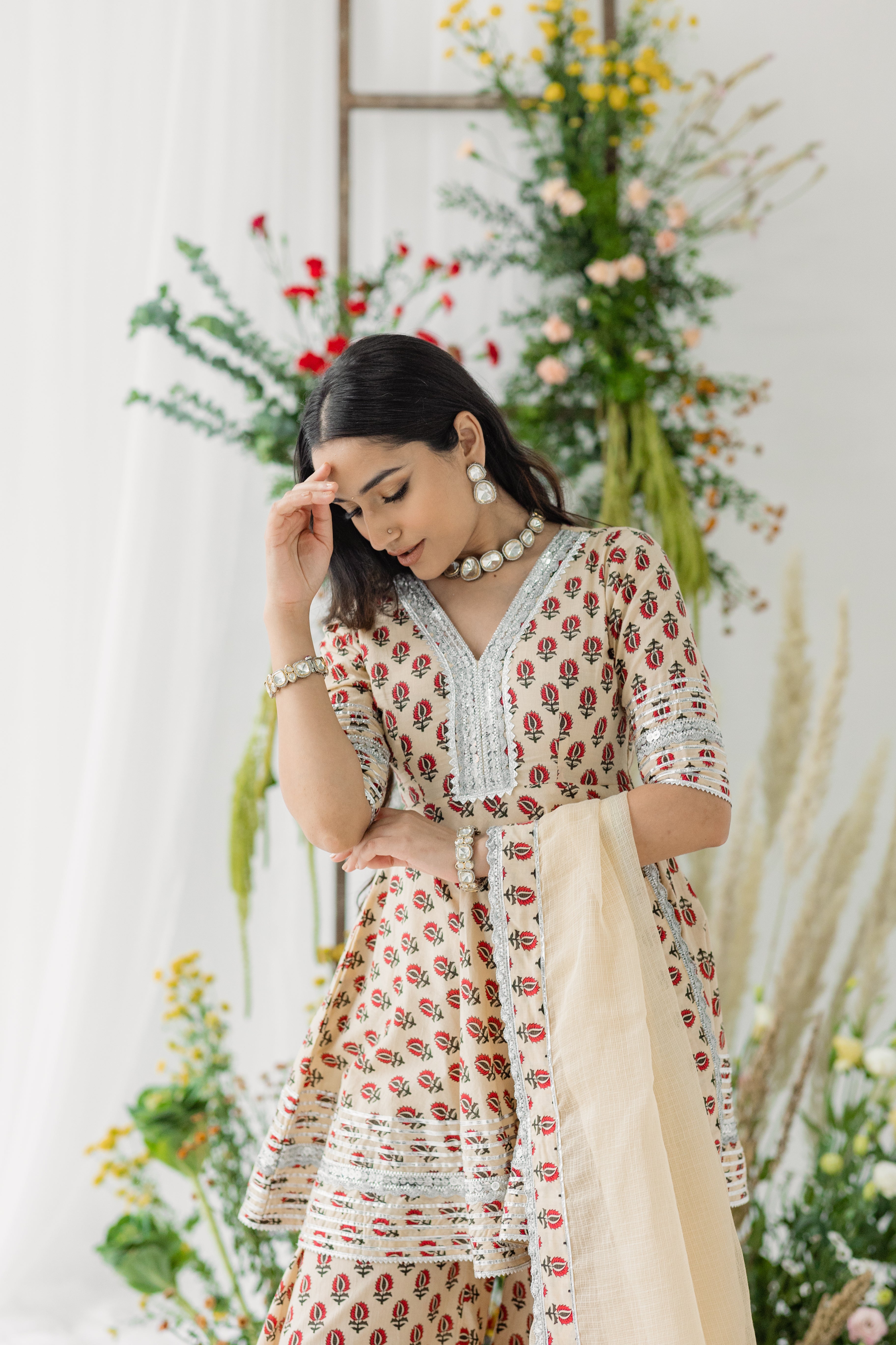 Daffodil Beige & Red Printed Cotton Gharara Set of 3