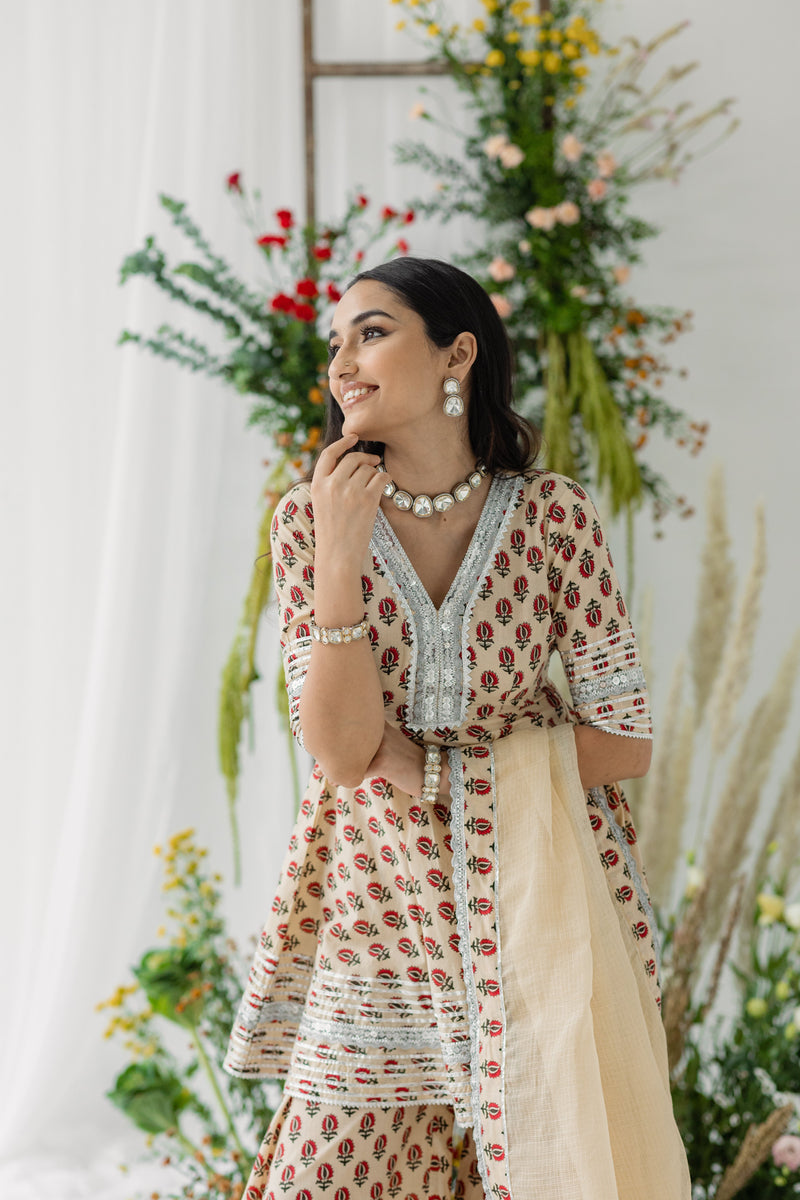 Daffodil Beige & Red Printed Cotton Kurti