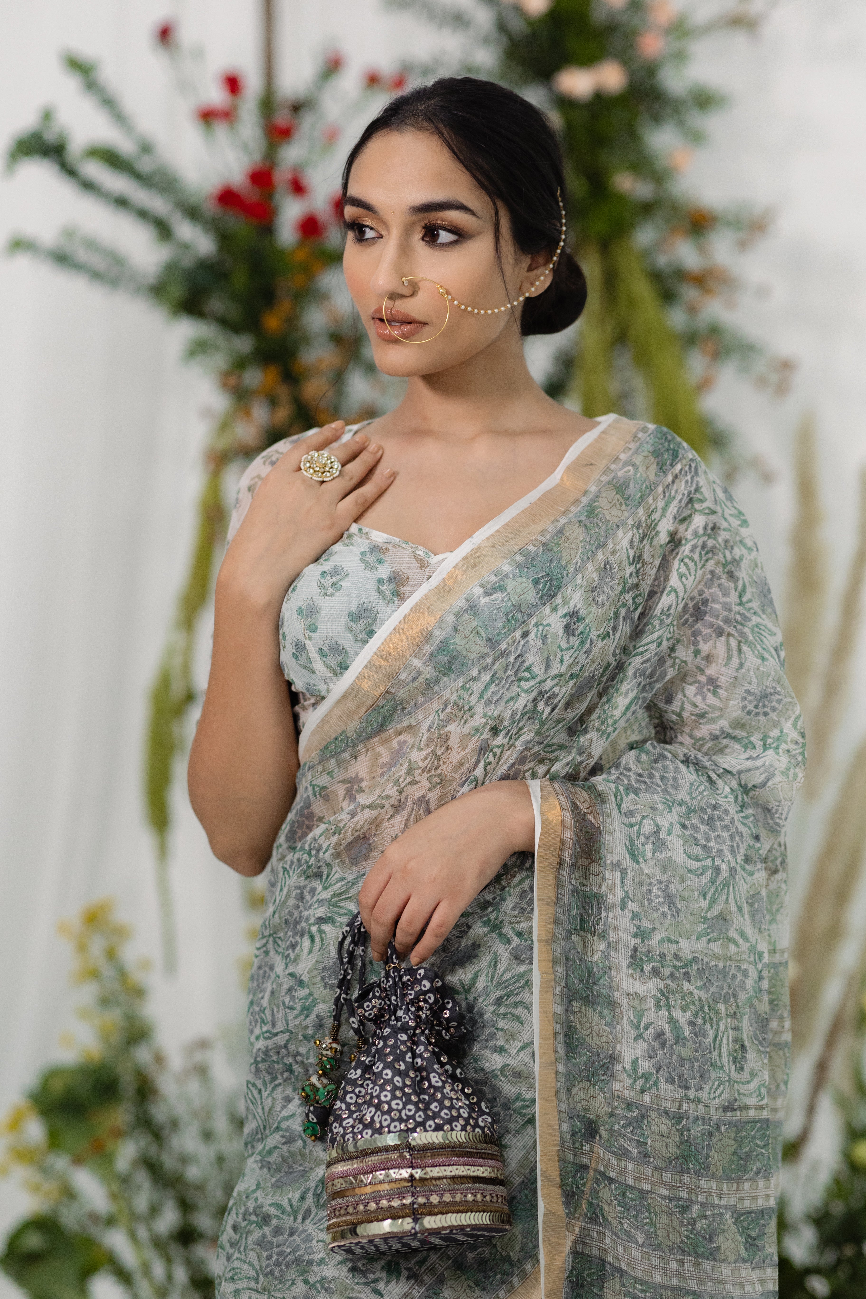 Nargis Green & White Printed Kota Doria Saree