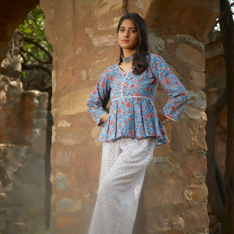 Fawha Set of 2 (Short Peplum Kurta and Wide Leg Palazzo)