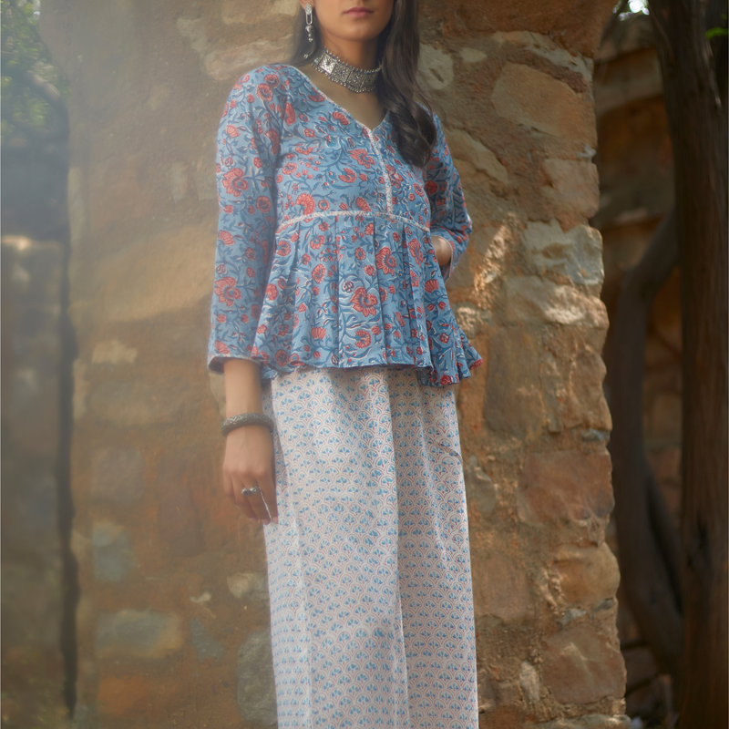 Fawha Set of 2 (Short Peplum Kurta and Wide Leg Palazzo)