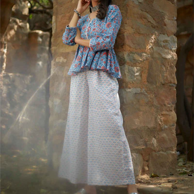 Fawha Set of 2 (Short Peplum Kurta and Wide Leg Palazzo)