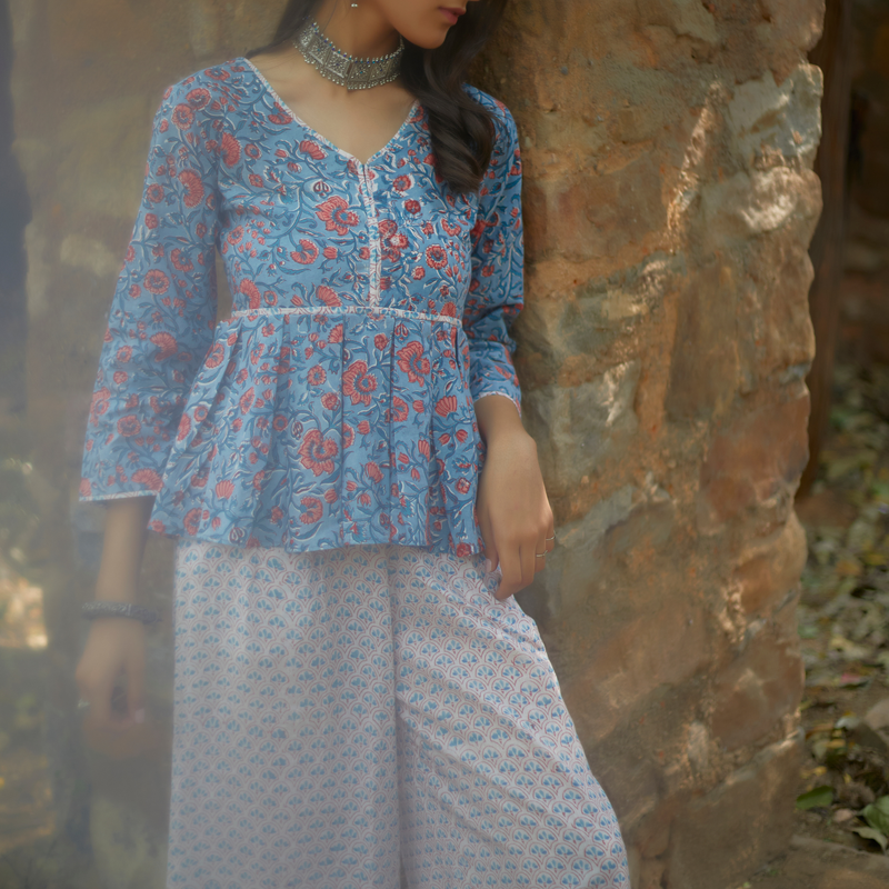 Fawha Set of 2 (Short Peplum Kurta and Wide Leg Palazzo)