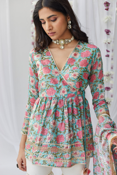 Gul Pink & Blue Printed Chanderi Kurti