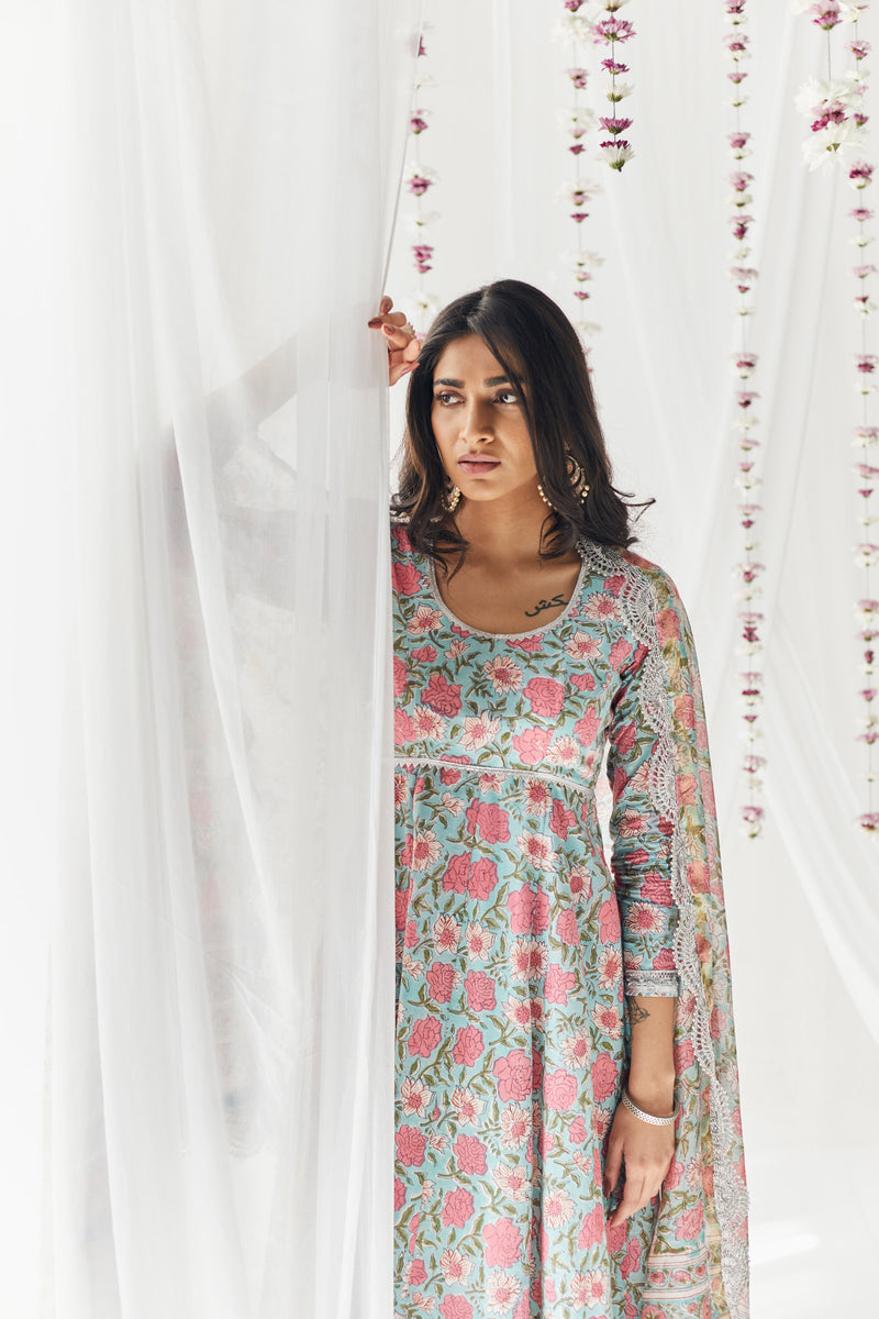 Falak Pink & Blue Printed Cotton Anarkali, Pant & Dupatta Set
