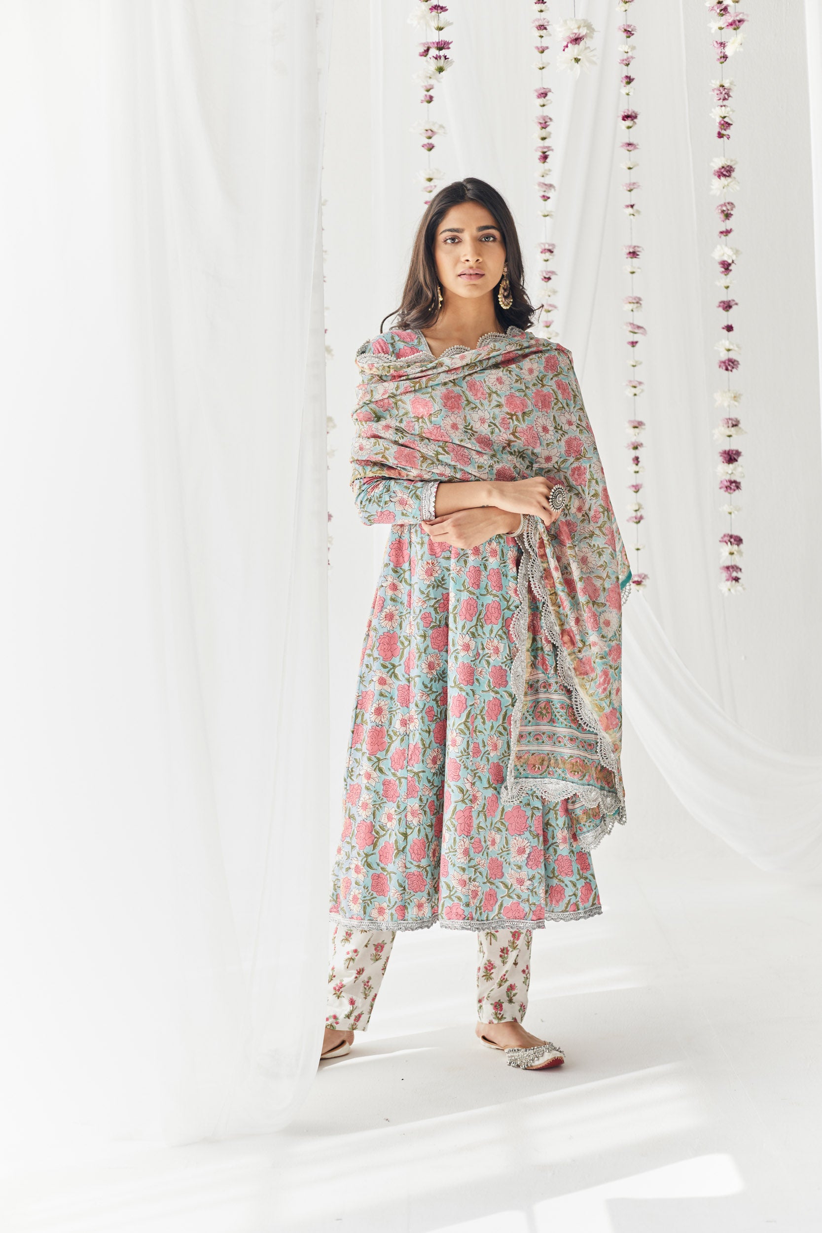 Falak Pink & Blue Printed Cotton Anarkali, Pant & Dupatta Set