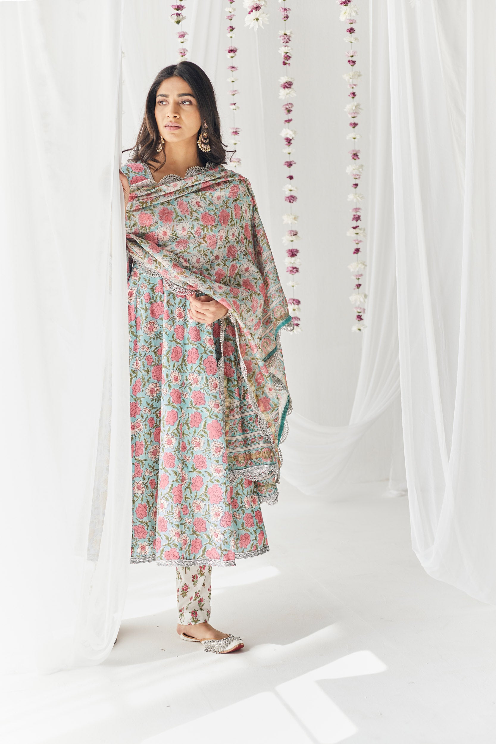 Falak Pink & Blue Printed Cotton Anarkali, Pant & Dupatta Set