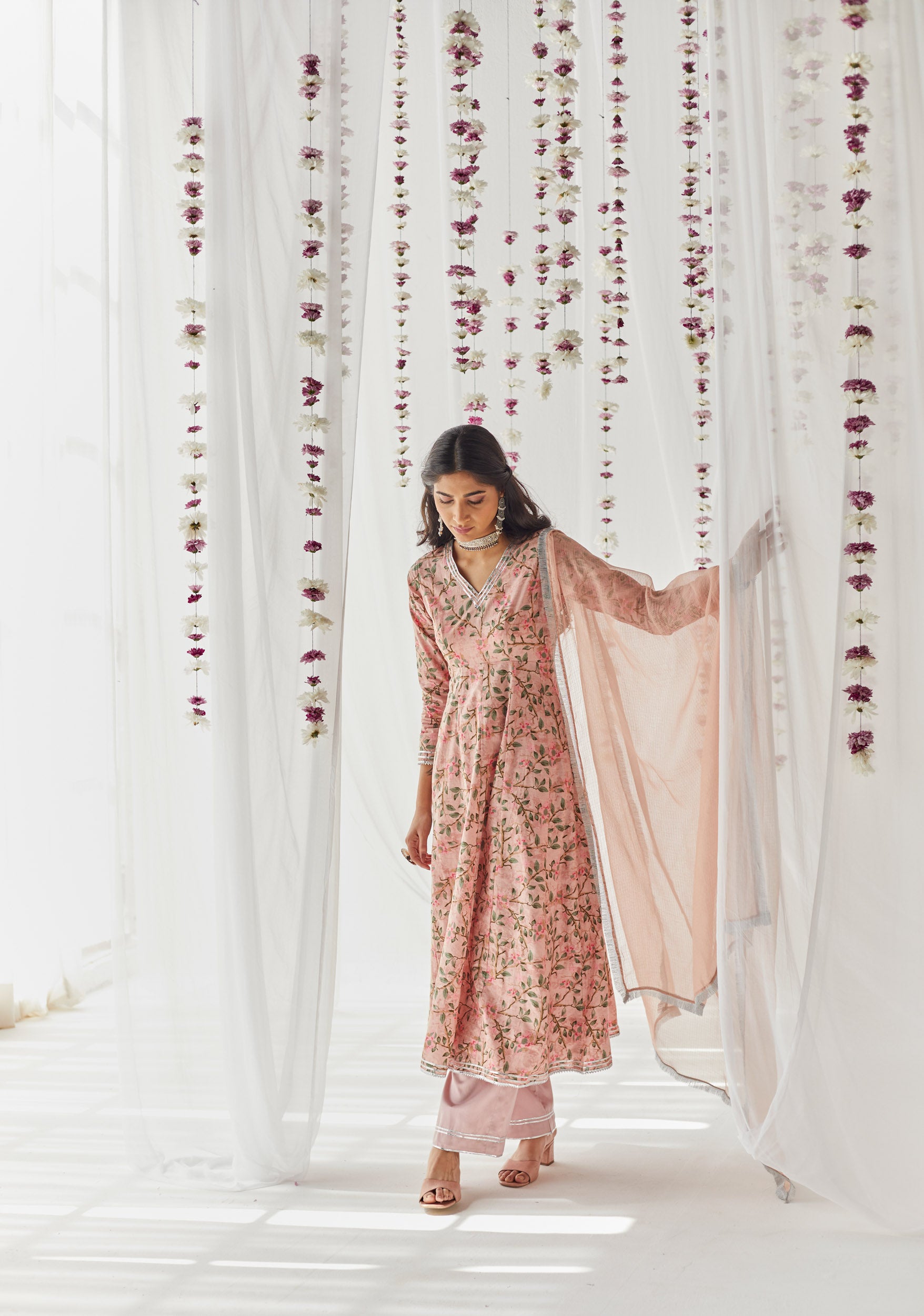 Maayera Pink Printed Cotton Anarkali, Pant & Dupatta Set