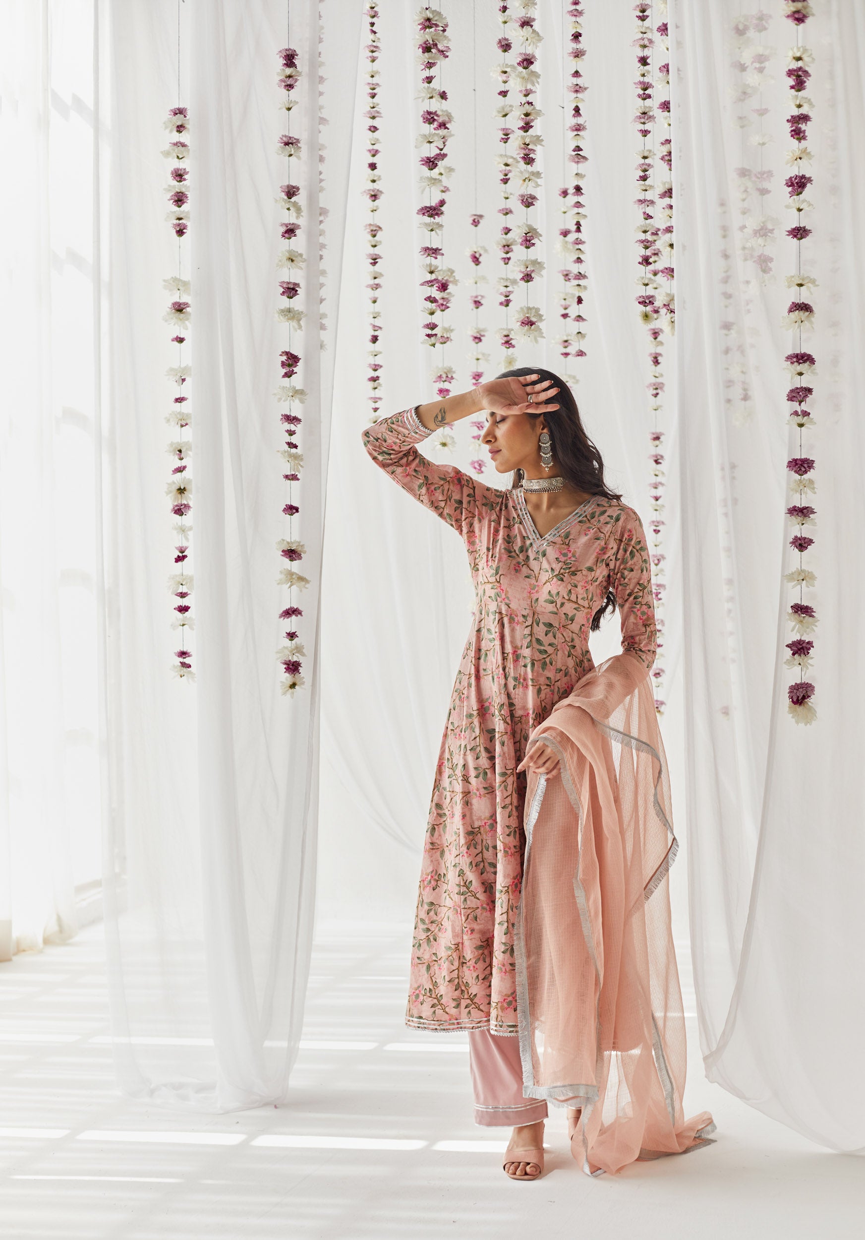 Maayera Pink Printed Cotton Anarkali, Pant & Dupatta Set