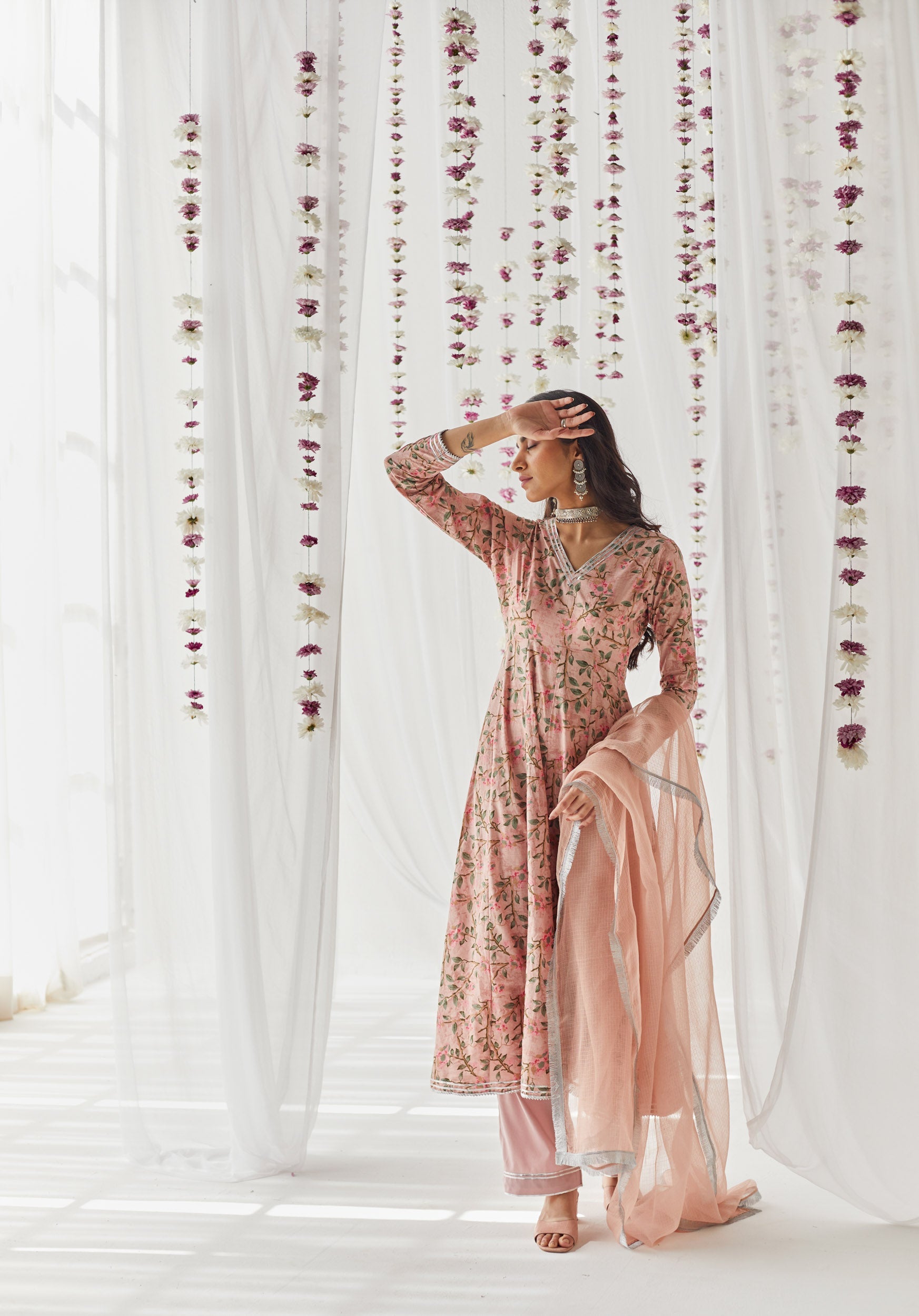 Maayera Pink Printed Cotton Anarkali