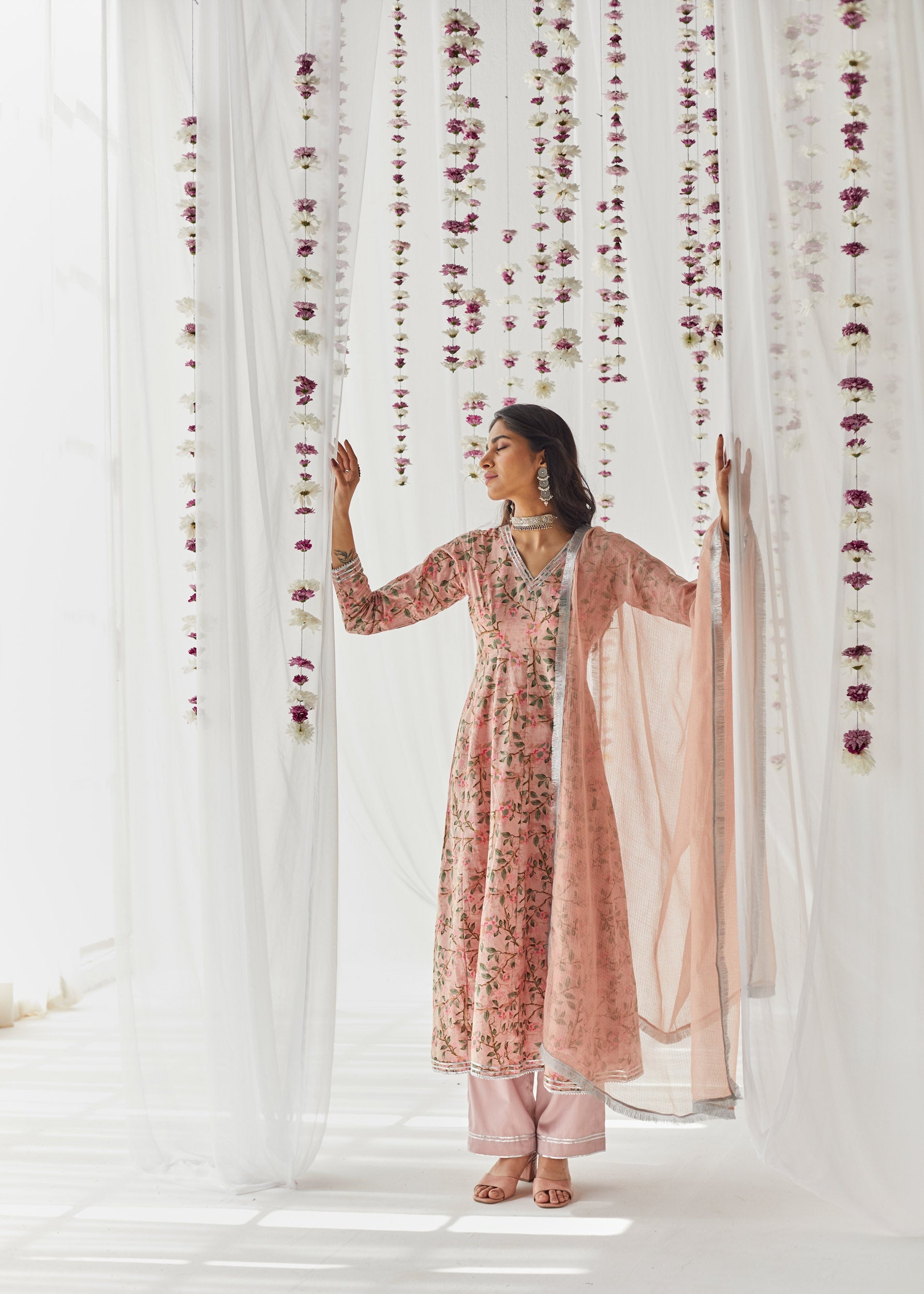 Maayera Pink Printed Cotton Anarkali
