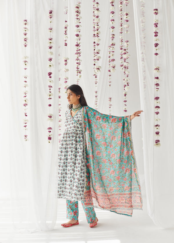 Zainab White & Blue Printed Cotton Kurta, Pant & Dupatta Set