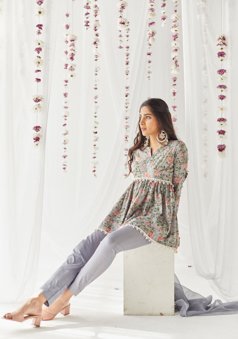 Grey Cotton Embroidered Kurti