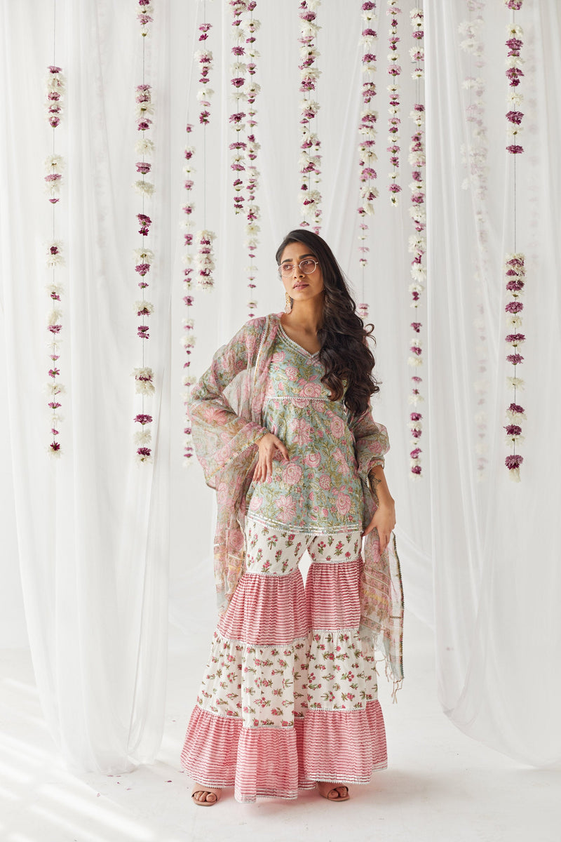 Mahira Green & Pink Printed Cotton Kurti