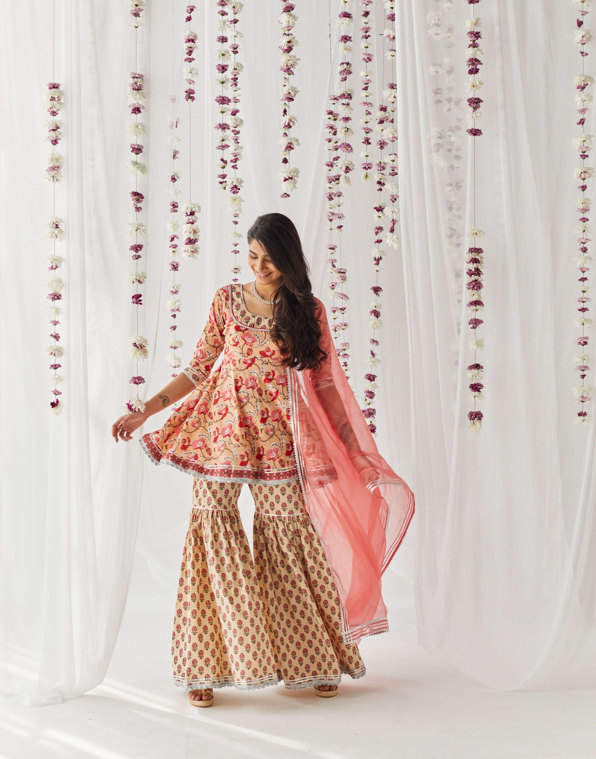 Raahat Peach Printed Cotton Gharara Set of 3